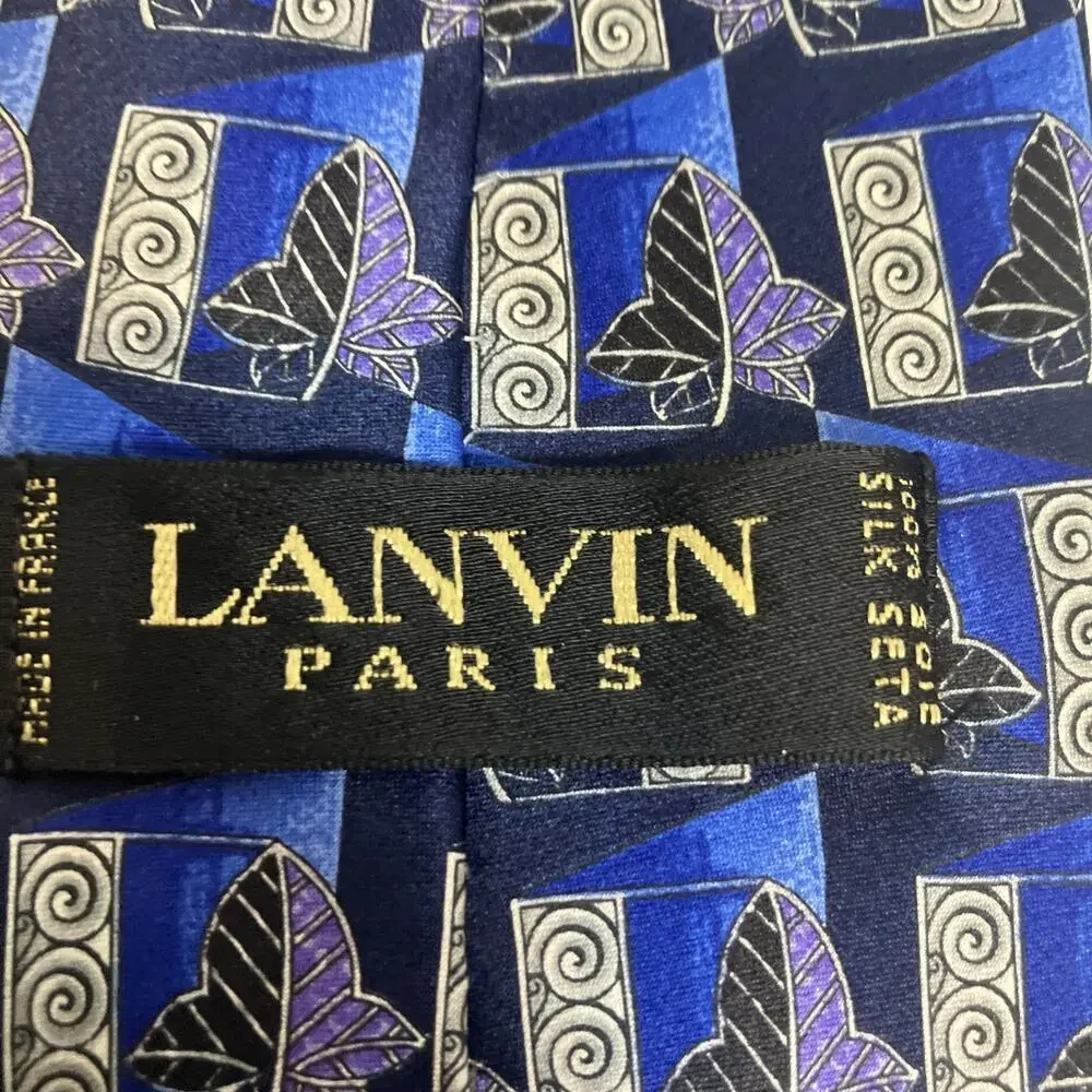 Lanvin‎ Paris Mens Silk Tie Blue Purple Geometric Leaf Made in France Designer
